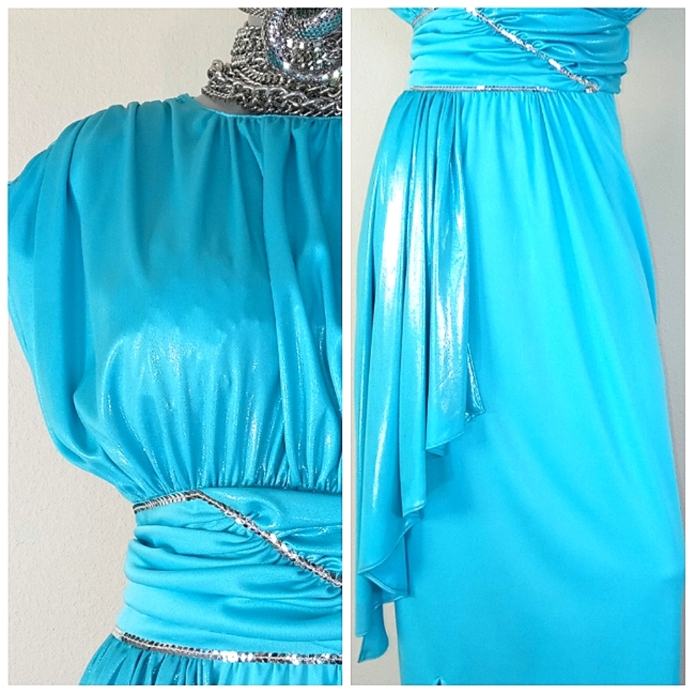 Elegant "VINTAGE" 70S Cocktail Evening Seafoam Green Ruched Gathered Maxi Dress